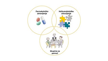 Grafika prikazuje 3 kroge, ki se prekrivajo in prikazujejo komponente zdravljenja demence: predstavitev z ikonami za farmakološko terapijo (tablete), nefarmakološko intervencijo (sestavljanka) in podporo svojcem (skupina svojcev).