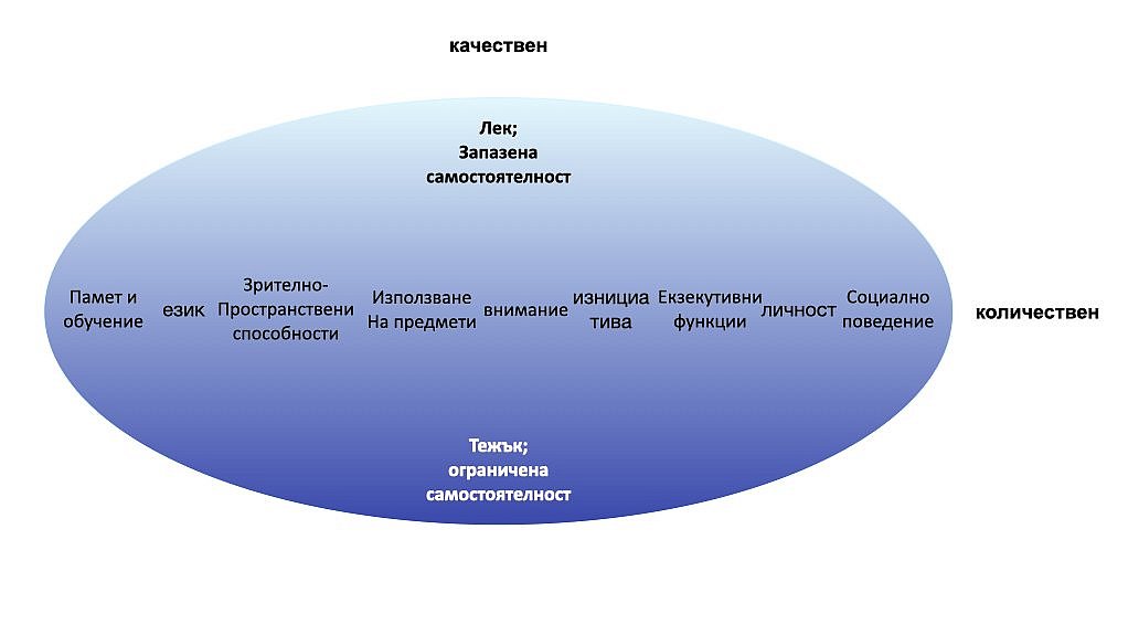 Количестевни и качествени измерения на симптомите на деменцията. Илюстрацията показва симптомите, които са или леки - така че автономността на човека е съхранена, или тежки - при които човекът е напълно зависим: учене и памет, език, зрително-пространствени фунцкии,използване на предмвти, внимание, инициативност, екзекутивни фунцкии, личност и социално поведение.
