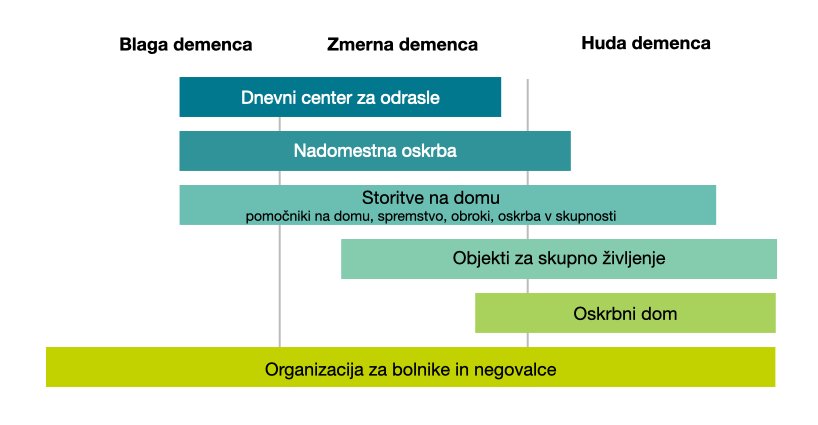 Storitve in prostori pri razvoju demence, odvisno od resnosti (blaga demenca, zmerna demenca, huda demenca). Dnevno varstvo za odrasle je na voljo tako za osebe z blago demenco kot za osebe z zmerno demenco. Tako je tudi z nadomestno nego, vendar je le-ta možna tudi pri zgodnji hudi demenci. Storitve na domu so lahko pomoč na domu, spremstvo, prehrana in patronažna nega. Takšne storitve na domu so možne v vseh fazah demence. Oskrbovano življenje je možno od zgodnje zmerne demence do posebej hude demence. Domovi za starejše so primerni v primeru oseb z zmerno do posebno hudo demence. Društva bolnikov in negovalcev so lahko vključena v celotnem poteku demence.