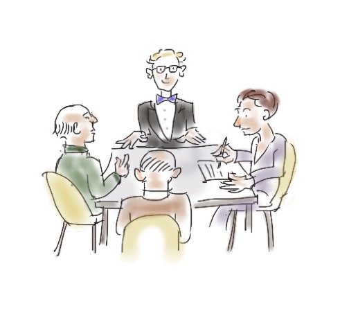Slika predstavlja skupino za samopomoč svojcem in prikazuje 4 ljudi, ki sedijo za mizo in se med seboj pogovarjajo.