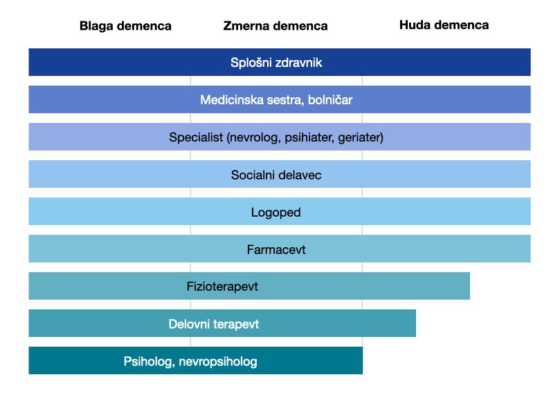 Diagram prikazuje poklicne skupine, ki se ukvarjajo z oskrbo demence, glede na resnost demence (blaga, zmerna, huda). Pri vsaki stopnji resnosti so vključeni: splošni zdravniki, medicinske sestre, specialisti (nevrologi, psihiatri, geriatri), socialni delavci, logopedi in farmacevti. Fizioterapevti in delovni terapevti se ukvarjajo z blago in zmerno demenco, le delno s hudo demenco, pri čemer so fizioterapevti vključeni dlje kot delovni terapevti. Z blago in zmerno demenco se ukvarjajo psihologi in nevropsihologi.