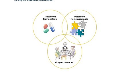 Graficul prezintă 3 cercuri care se suprapun și prezintă componente ale tratamentului demenței: Reprezentare prin pictograme pentru terapie farmacologică (tablete), intervenție non-farmacologică (puzzle) și sprijin pentru rude (grupul rudelor).