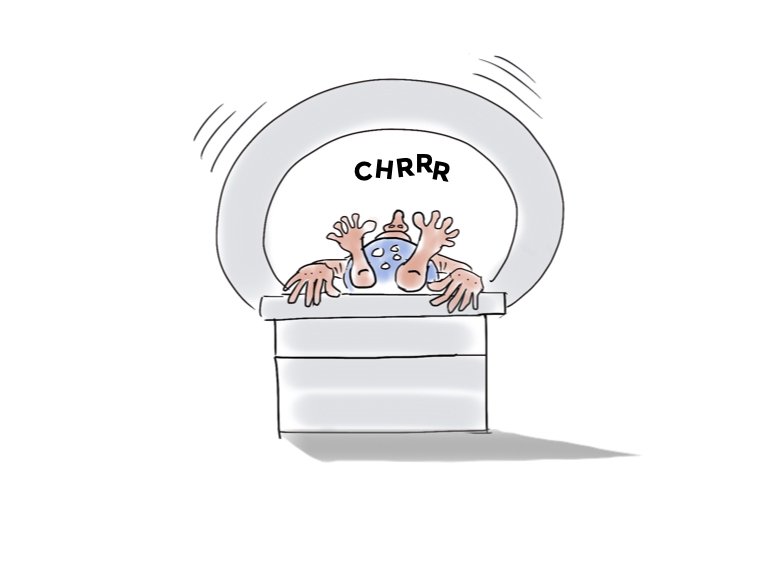 Oseba leži v napravi za slikanje z magnetno resonanco (MRI).
