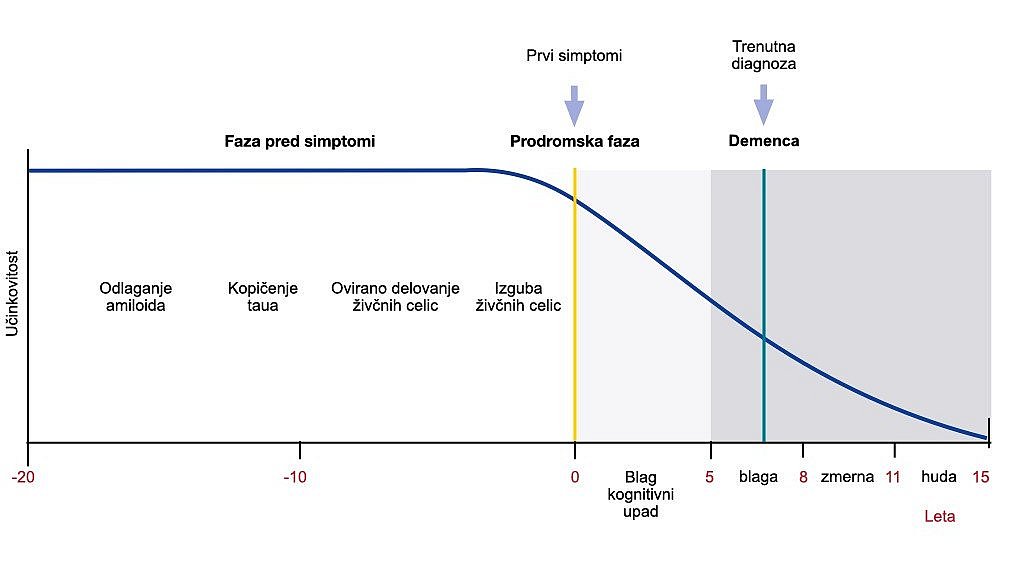 Faze Alzheimerjeve bolezni Stopnje Alzheimerjeve bolezni: diagram prikazuje, da sta pri Alzheimerjevi bolezni pred stopnjo demence predsimptomatska stopnja (z odlaganjem amiloida, agregacijo tau-a, oslabljenim delovanjem živčnih celic in izgubo živčnih celic) in prodromalna stopnja. Kognitivna zmogljivost začne upadati šele v prodromalni fazi. Padajoča črta prikazuje delovanje bolnika.