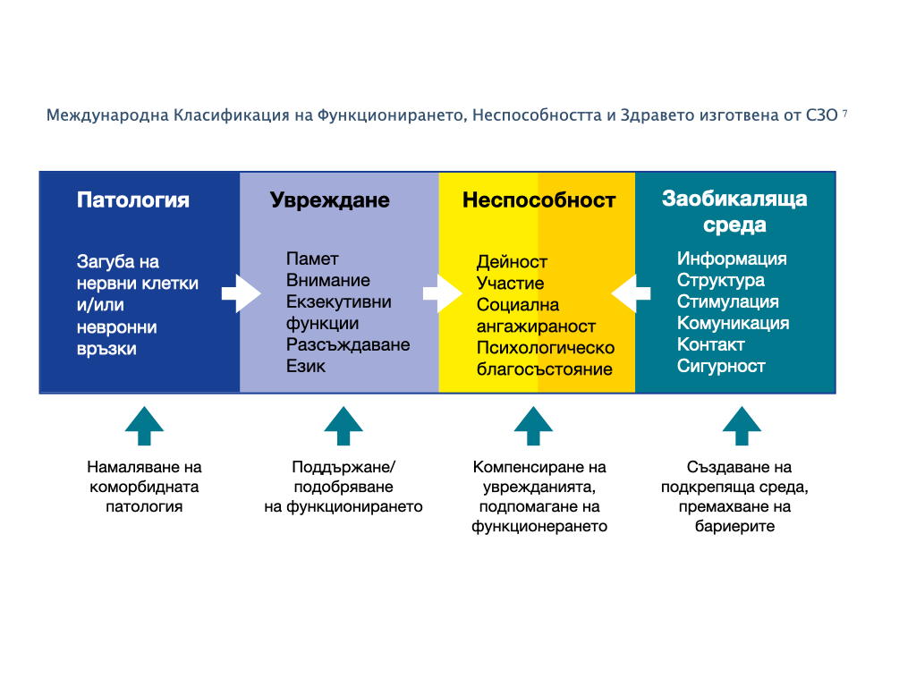 Международната класификация за функционалност, имвалидност и здраве на СЗО. Патология (загуба на нервни клетки и/или невронни мрежи) - редуциране на допълнителната патология; Нарушение (памет, внимание, екзекутивни функции, мислене, език) - запазване или подобряване на функциите; Инвалидност (активност, участие, социална изолация, психично благополучие) - цомпенсиране на инвалидизацията, подпомагане на функционалността; заобикаляща среда (информация, структура, контакти, комуникации, насочване, сигурност) - създаване на подпомагащи условия, премахване на бариерите;