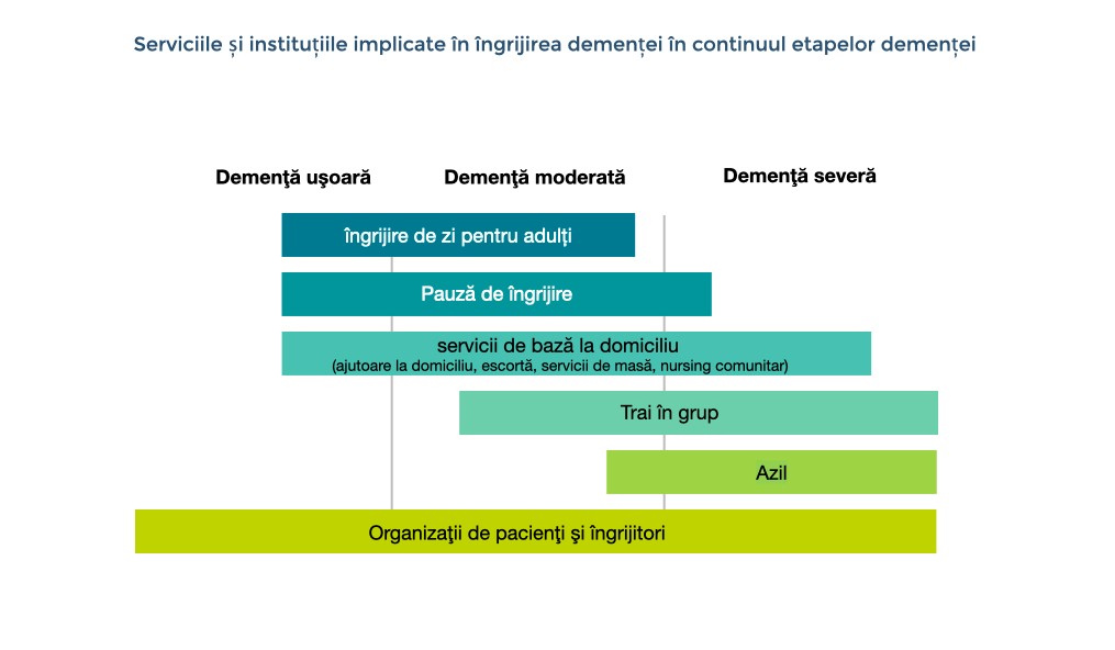 Servicii și facilități în cursul demenței, în funcție de severitate (demență ușoară, demență moderată, demență severă). Îngrijirea de zi pentru adulți este disponibilă atât pentru demența ușoară, cât și pentru demența moderată. La fel și îngrijirea temporară, dar acest lucru este posibil și cu demența severă precoce. Serviciile la domiciliu ar fi, de exemplu, asistenți la domiciliu, escortă, mese și asistență medicală comunitară. Astfel de servicii la domiciliu sunt posibile în toate stadiile demenței. Viața asistată este posibilă de la demența moderată precoce până la demența deosebit de severă. Casele de îngrijire medicală pot fi considerate de la demență moderată la deosebit de severă. Organizațiile pacienților și îngrijitorilor pot fi implicate pe tot parcursul demenței.